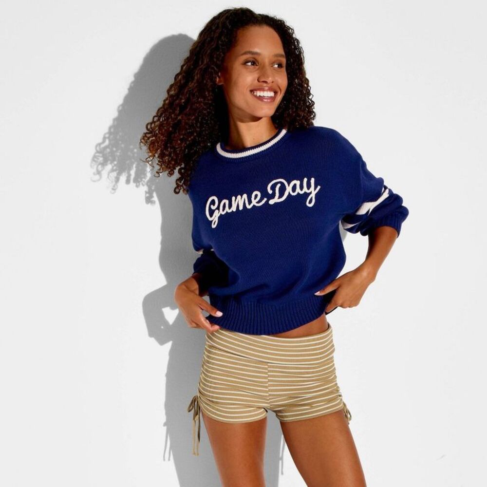 Women's Game Day Chain Stitch Long Sleeve Sweater - Wild Fable Navy Blue XS